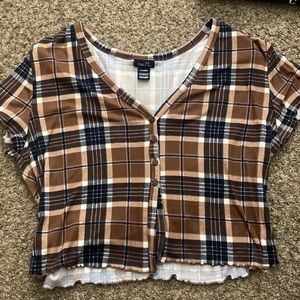 Brown Plaid Linen Top